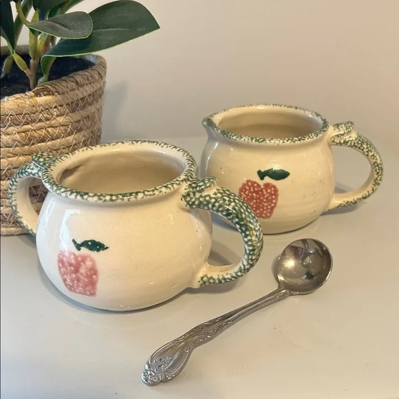 Green sponge ware apple motif Country decor Cream and sugar bowl Stainless spoon