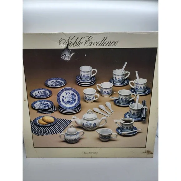 Noble Excellence Blue Willow Mini Tea Set 45 Piece Ceramic Child Tea Party Boxed