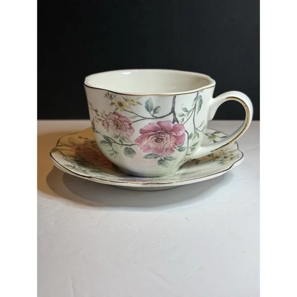 Grace Teaware Floral Jumbo Tea Cup & Saucer Pink Roses Fine Porcelain Set