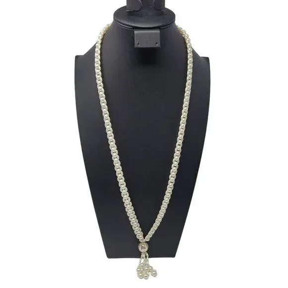 Vintage Faux Pearl Intricate Woven Opera Necklace Pearl Tassel Pendant Statement
