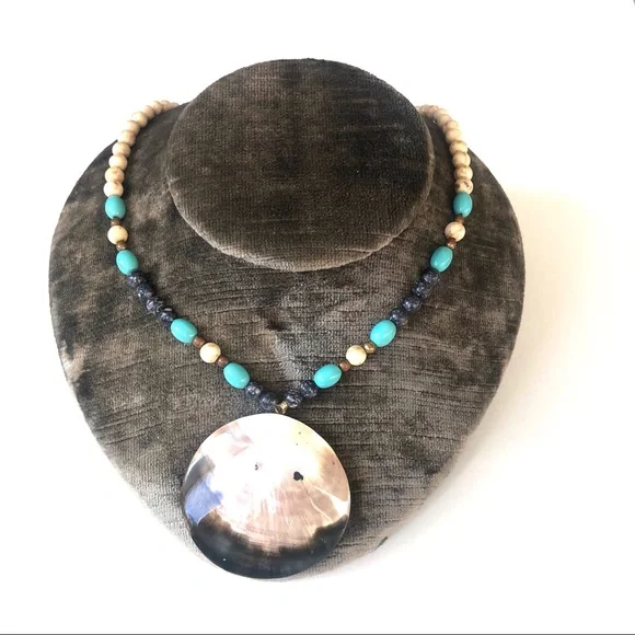 Blue and Turquoise Beaded Necklace with Shell Pendant