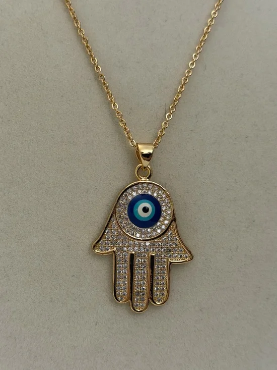 Rose Gold Hamsa Hand Evil Eye Pendant Necklace - Blue Accent