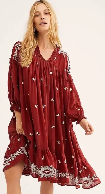 Free People Maroon Embroidered Flowy Boho Midi Dress