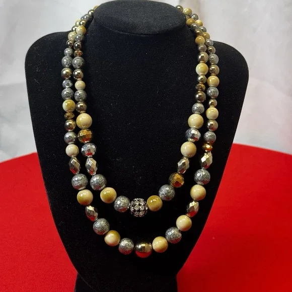 Adjustable Double Layered‎ Beaded Necklace Bronze, Silver, Tan Classic