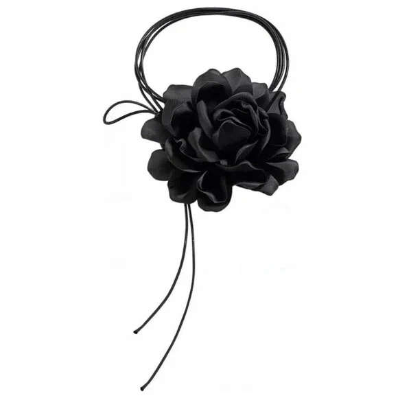Black Fabric Flower Choker Necklace, Adjustable Cord Tie