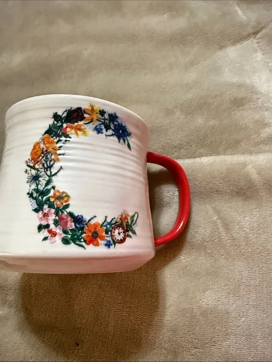 Anthropologie White Ceramic Mug with Floral Wreath and Red Handle