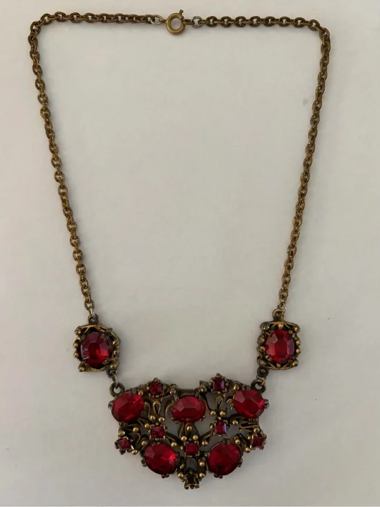 Vintage Art Nouveau Red Crystal Statement Chocker Necklace Gold Tone