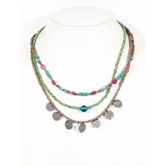American Eagle Layered Bead Necklace Blue Green Pink Glass ‎ Festival Boho 19