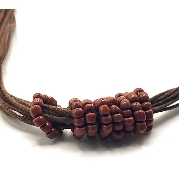 Bohemian Artisan Brown Multilayer Brown Corded Beaded Necklace 18in
