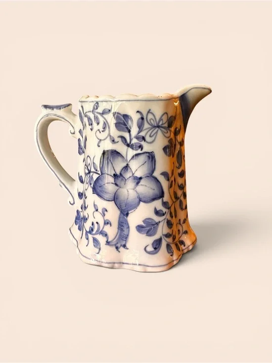 Vintage Andrea by Sadek Blue & White Floral Scalloped Ceramic Creamer Pitcher