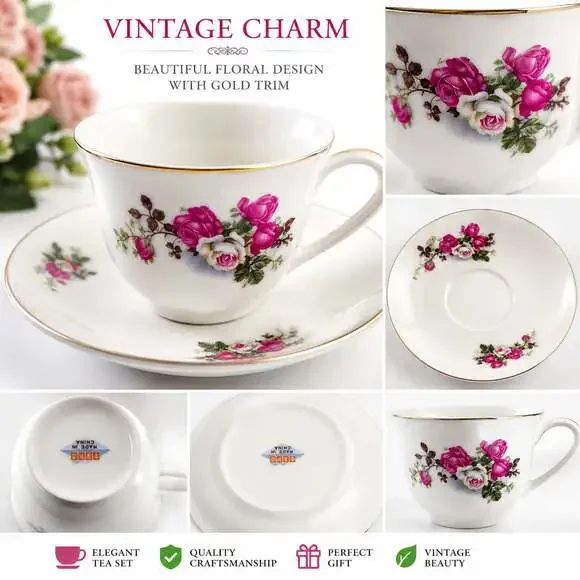 Vintage Floral Tea Cup & Saucer Set Pink Roses Gold Trim Porcelain Made in China