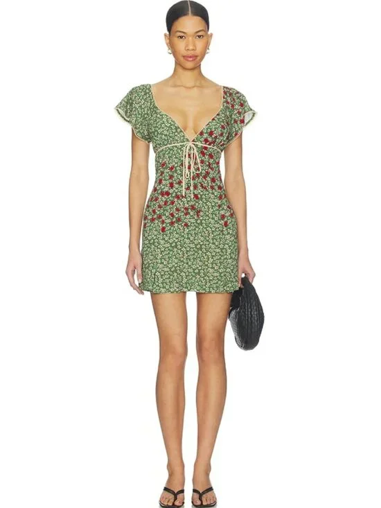 Free People Backroads Floral Flutter Sleeve Mini Sundress  FOREST COMBO, Size Sm