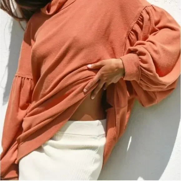 Free People Winnie Top‎ Mock Neck Cutout Back Tan Oversized Balloon Sleeve S