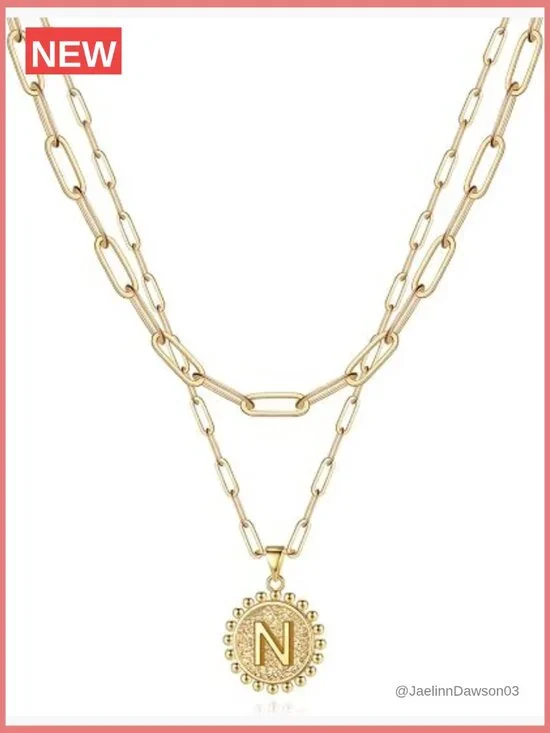 Layered Initial Necklace Set Gold Paperclip Chain 14K Plated Dainty