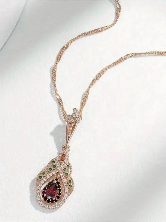 Golden Color Women’s Teardrop Cut Red/Amber Love Flower Necklace Fashion Jewelry