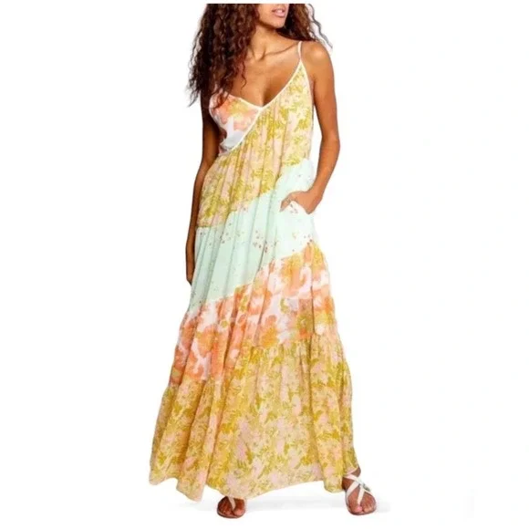 Free People Boho Maxi Dress Women Medium Yellow Floral Tiered Mixed Print V-Neck
