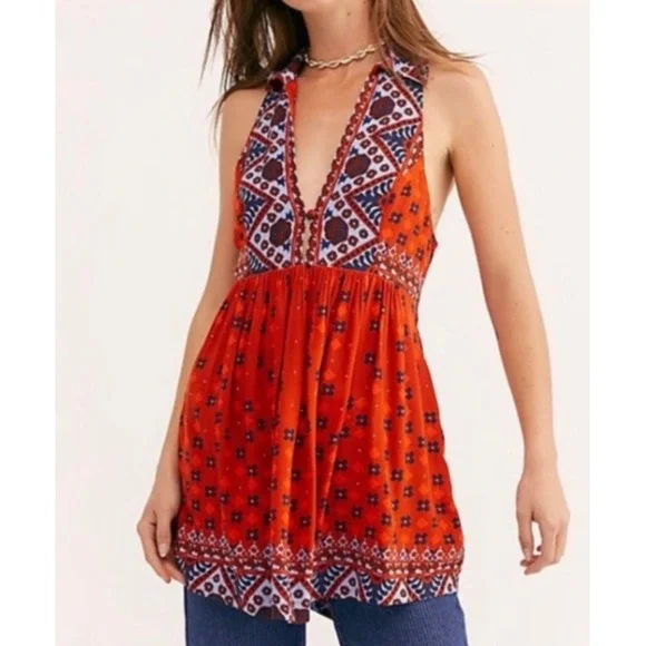 Free People Boho Printed Halter‎ Tunic Top Orange Blue Women's XS Festival Boho