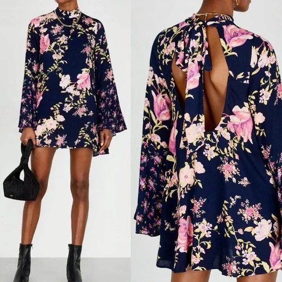 New Free People Tate Navy and Pink Floral Mini Dress