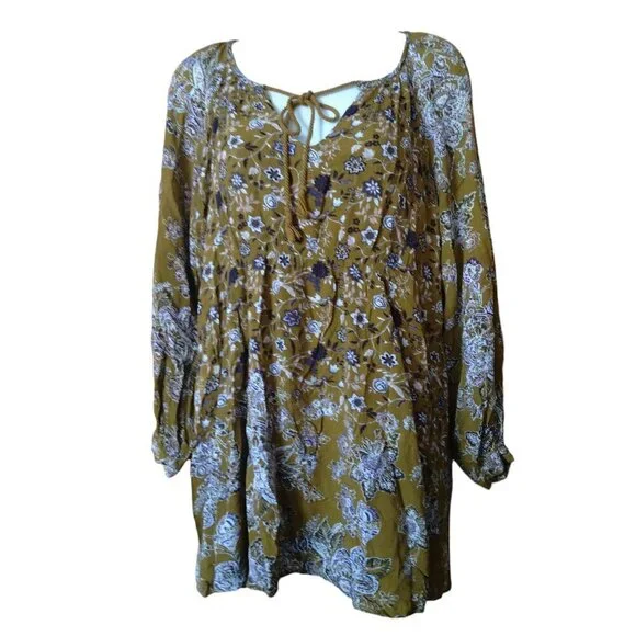 Free People Size XS Long Sleeve Oversized Floral Boho Peasant Tunic Blouse