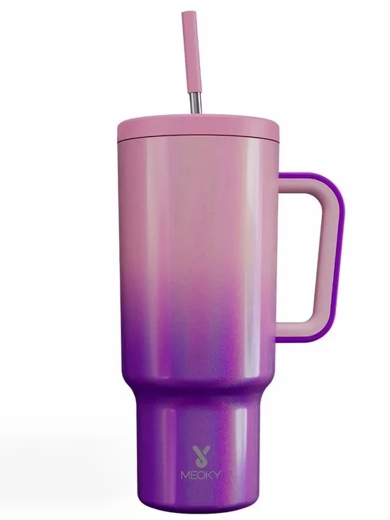 Pink to Purple Ombre Stainless Travel Mug with Handle & Straw