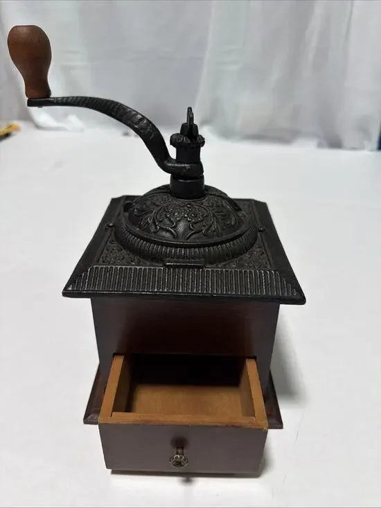 Antique coffee grinder wood and cast iron