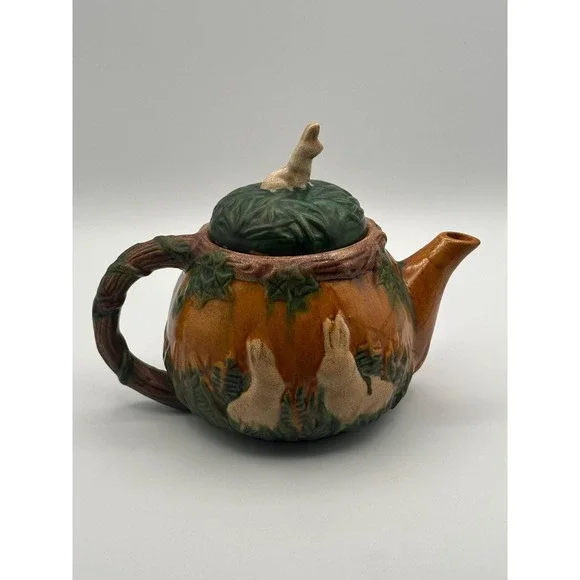 Vintage Art Nouveau Majolica Teapot Woodland Tree Leaf Design