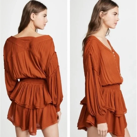 Free People Womens Romy Mini Dress XS Smocked Ruffle Tiered Orange Boho Festival