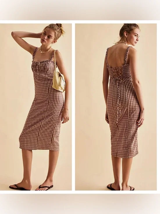New Free People Lucinda Plaid Printed Midi Dress- Lavender Combo