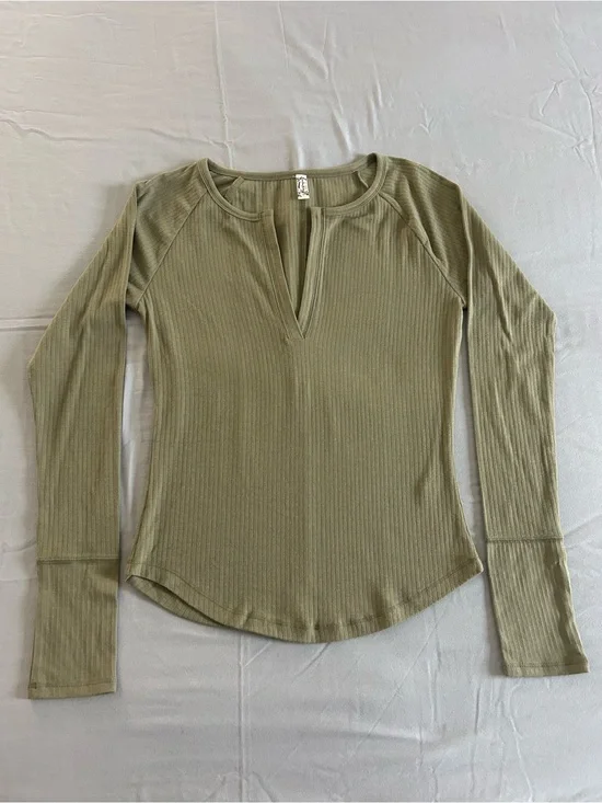 Free People Olive Green Ribbed Long Sleeve Tee