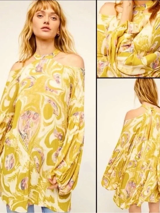 Free‎ People Drift Away Tunic Dress S Chartreuse Floral Boho Fairy Whimsigoth