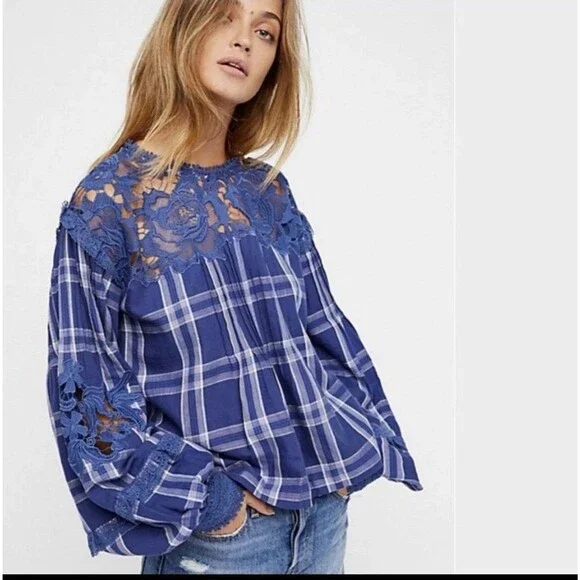FREE PEOPLE Darling Diana‎ Tunic Lace Top Size XS-Blue Plaid $128