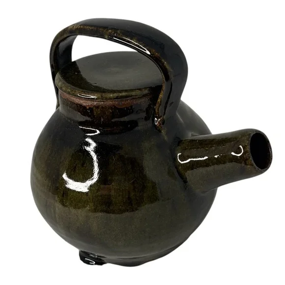 Vintage Signed Studio Pottery Stoneware Teapot Olive Green Mingei Style USA