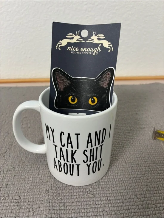 Coffee mug & Black Cat Sticker – Yellow-Eyed Cat Design