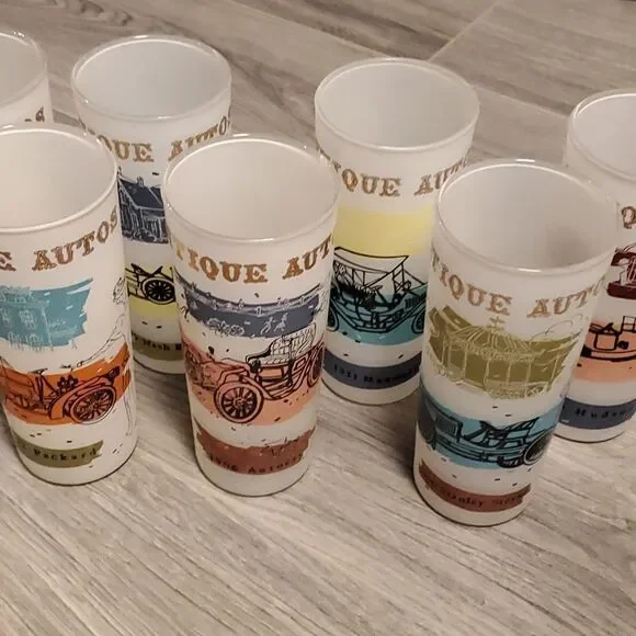 EUC MCM Anchor Vintage Set of 8 Antique Autos Frosted Glasses