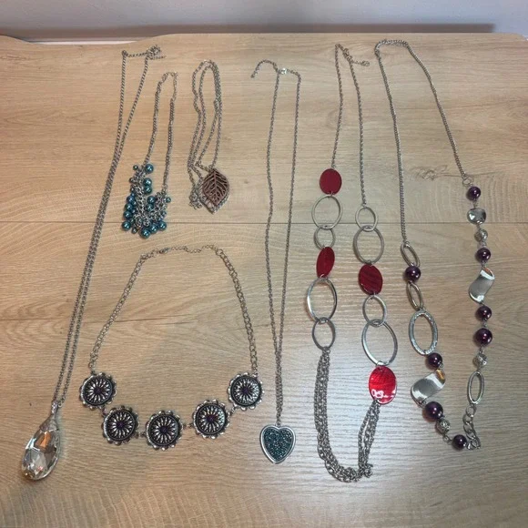 7pc Fashion Necklace Lot Silver Tone Statement Crystal Heart Leaf Beaded Boho