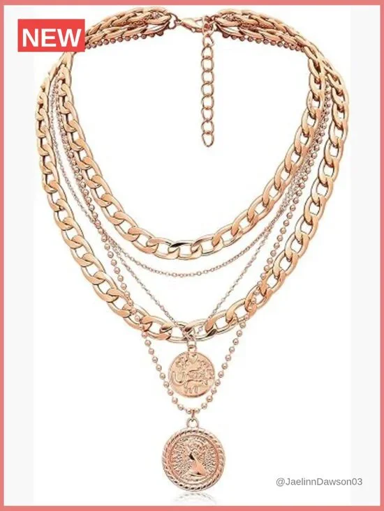 Layered Necklace Set with Coin Pendant - Dainty & Chunky Chains