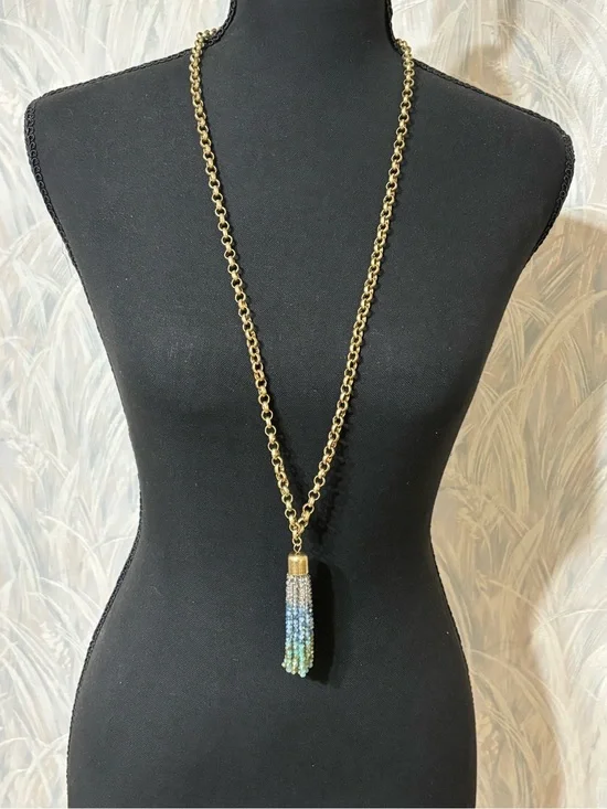 Marilyn Schiff Gold Chain Tassel Necklace with Multi Colored Beaded Fringe 34”