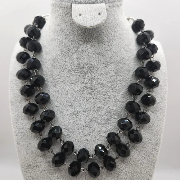 Vintage Chunky Black Faceted Crystal Glass Double Strand Toggle Necklace 16in
