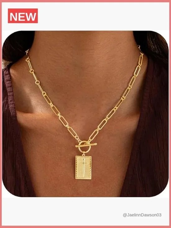 14K Gold Plated Cross Pendant Choker Necklace for Women Trendy Paperclip Chain