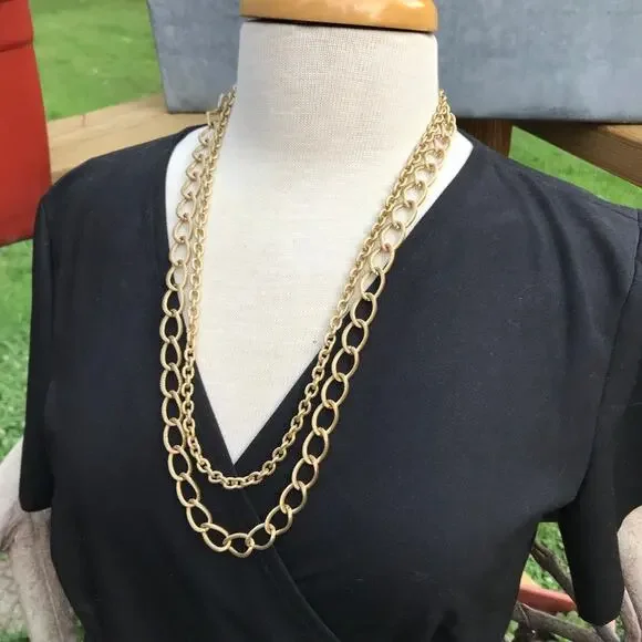 Textured double strand gold-tone oval link layer necklace - large links