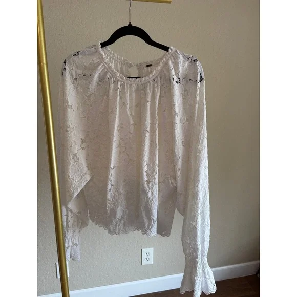 Free People Top White Floral Lace Ruffle M Ethereal Coquette Cottagecore