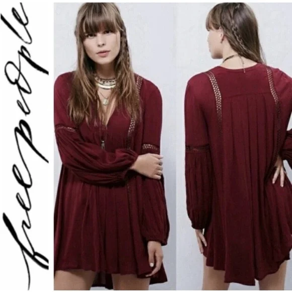Free People Just The‎ Two Of Us Burgundy Oversized Tunic Blouse Top Size XS