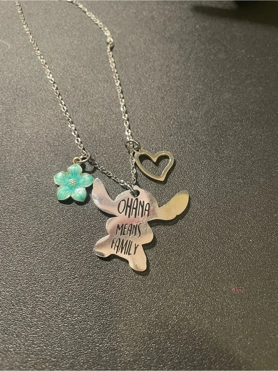 Stitch Ohana Means Family Silver Pendant Necklace with Turquoise Flower