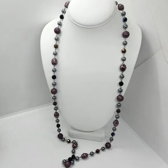 Cookie Lee Long Purple And Blue Beaded‎ Station Necklace