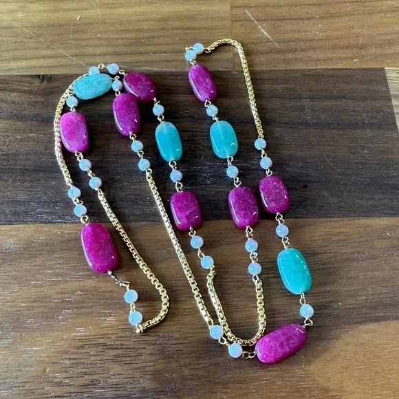 Vintage Artisan Made Pink Blue Gold Tone Beaded Faux Pearl Necklace