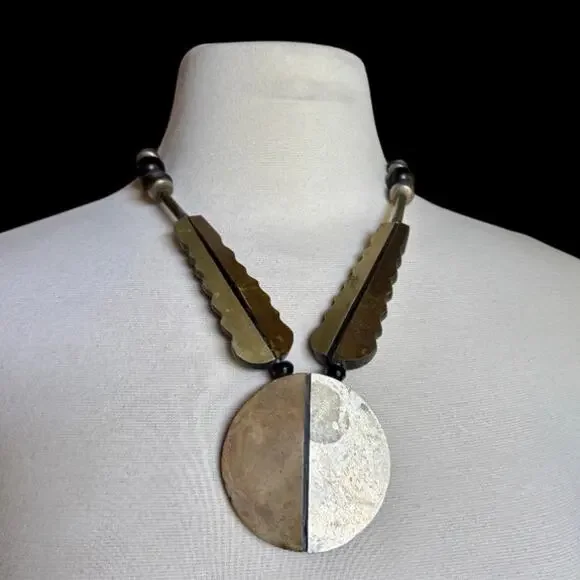 Vintage Black, Bronze & Silver Beaded Mixed Metal & Wood Disc Pendant Necklace