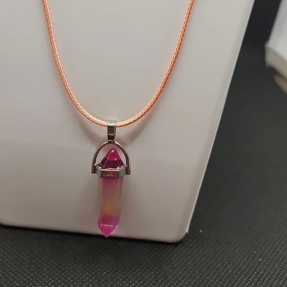 Chakra Healing Natural‎ Kunzite Crystal Point Hexagonal Pink Cord Necklace