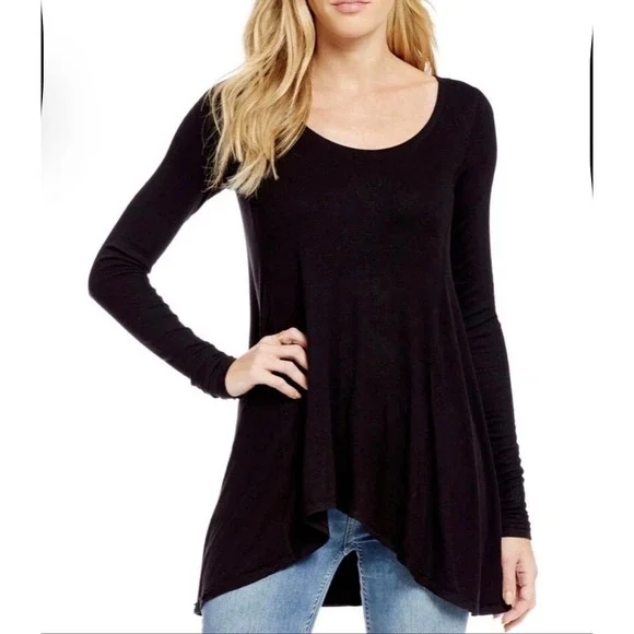 Free People January Black Ribbed Long Sleeve Swing‎ Tunic Top Scoop Neck Small