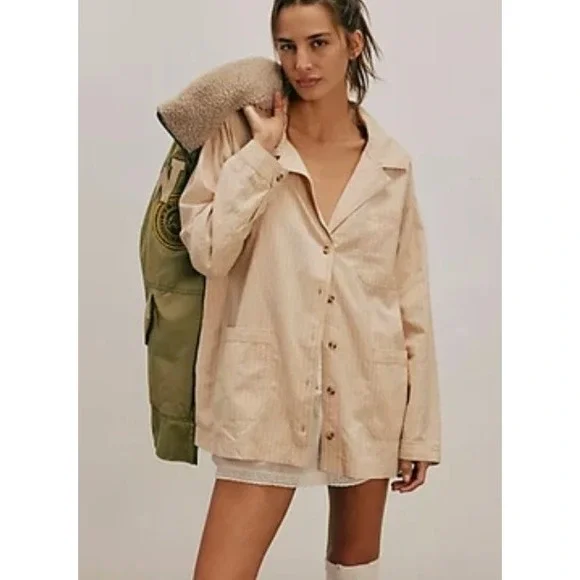 Free People We The Free Off Duty Striped Shirt Jacket OB2138630 Peach XS