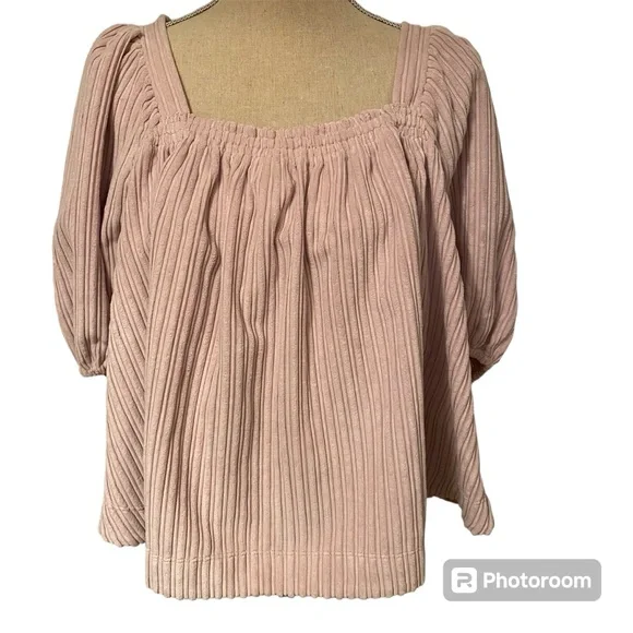 FREE PEOPLE TOP BLOUSE PUFF SLEEVES PINK WIDE WALE VELOUR TIE BACK SIZE XS